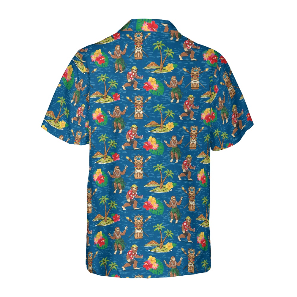 Bigfoot Tourist Bigfoot Hawaiian Shirt, Royal Blue Tropical Aloha Tribal Bigfoot Shirt For Men