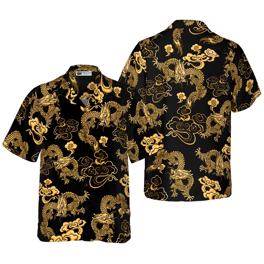 Black Gold Oriental Dragon Hawaiian Shirt