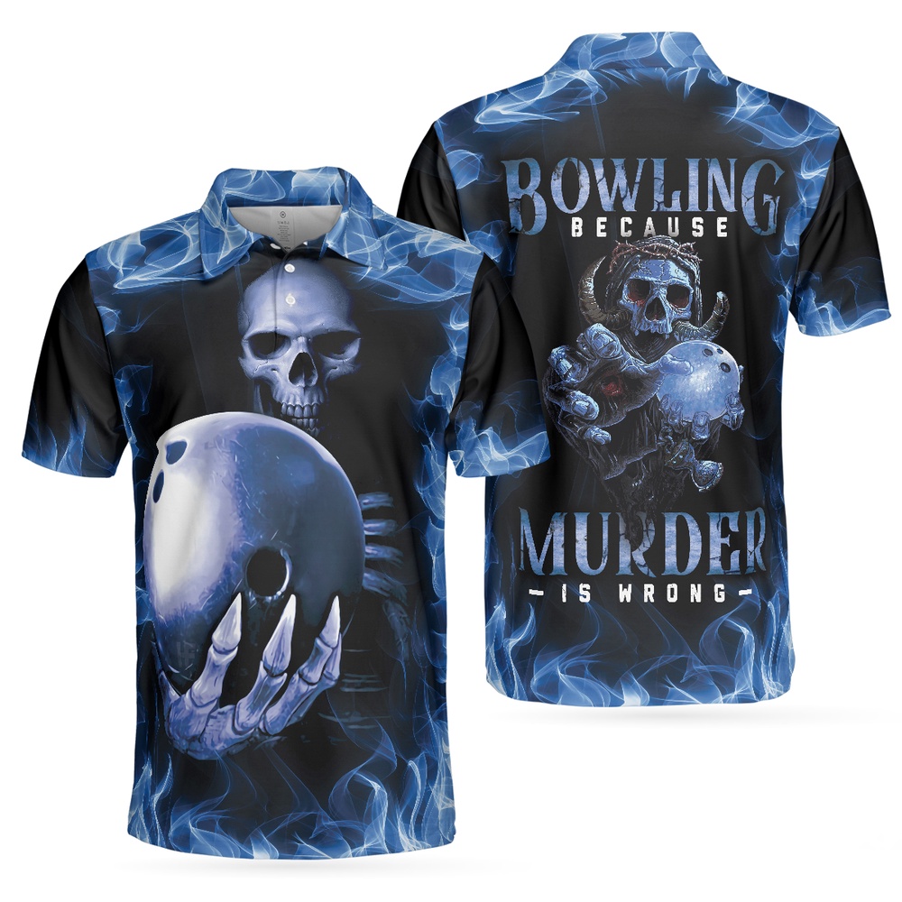 Bowling Murder Polo Shirt, Blue Flame Pattern Bowling Polo Shirt, Scary ...