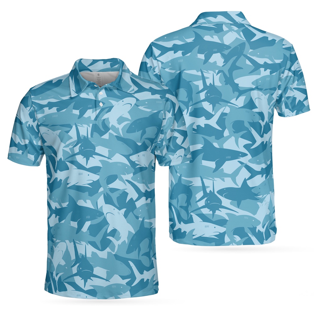 Camouflage Ocean Shark Pattern Short Sleeve Polo Shirt, Camo Aqua Polo Shirt, Best Shark Shirt For Men