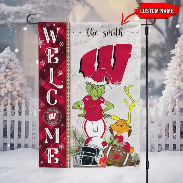 Customized NCAA Wisconsin Badgers Garden Flag Grinch Christmas