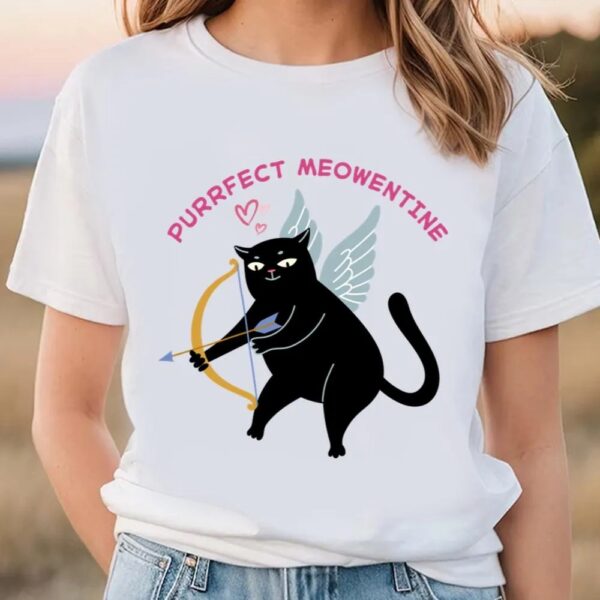 Valentines Womens Shirts, Black Cat Cupid Purr Perfect Meow Valentine Funny T-Shirt