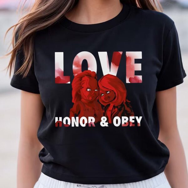 Valentines Womens Shirts, Chucky Tiffany Valentine Love Honor And Obey T-Shirt