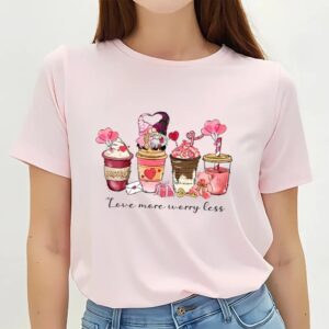 Valentines Womens Shirts Love More Worry Less Valentine Day Coffee Gnomes T Shirt 3