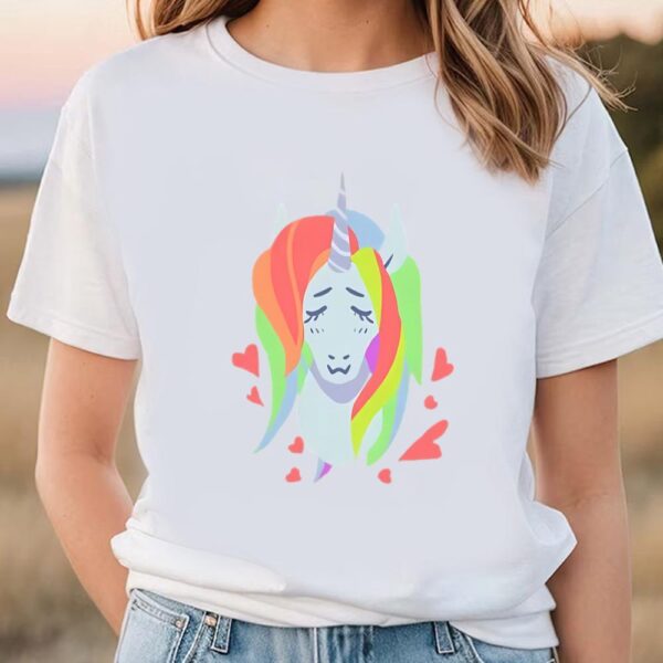 Valentines Womens Shirts, Lovely Rainbow Hair Cut Unicorn Hear Valentine T-shirt