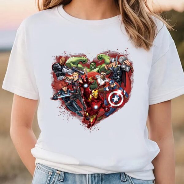 Valentines Womens Shirts, Marvel Avengers Heart Group Shot Valentine T-Shirt