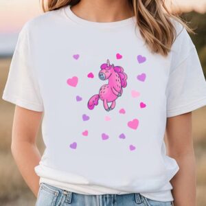 Valentines Womens Shirts Pink Unicorn With Pink And Purple Hearts T shirt 1