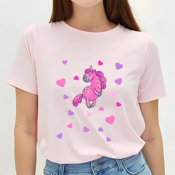 Valentines Womens Shirts, Pink Unicorn With Pink And Purple Hearts T-shirt