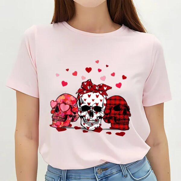 Valentines Womens Shirts, Skull Heart Buffalo Plaid Wearing Bandana Valentine’s Day T-Shirt