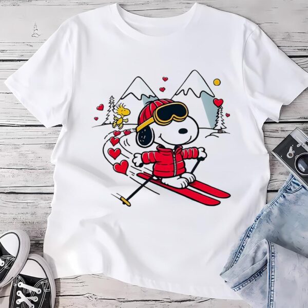 Valentines Womens Shirts, Snoopy And Woodstock Skiing Valentine Day Shirt