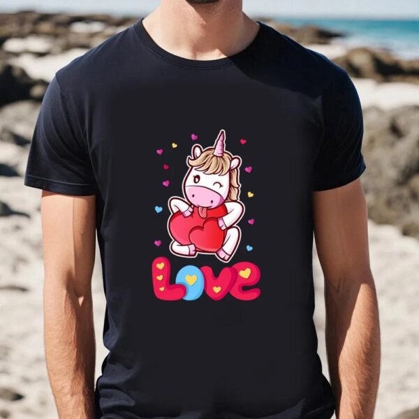 Valentines Womens Shirts, Unicorn Love Heart Valentine Day T-Shirt