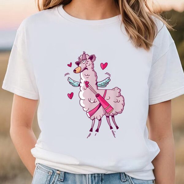 Valentines Womens Shirts, Valentine’s Day Gift Cute Winged Llama With Hearts Around T-Shirt