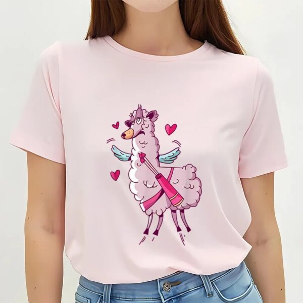 Valentines Womens Shirts, Valentine’s Day Gift Cute Winged Llama With Hearts Around T-Shirt