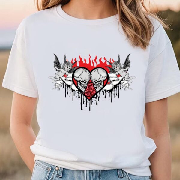 Valentines Womens Shirts, Valentines Skull With Heart Horror Valentine Shirt