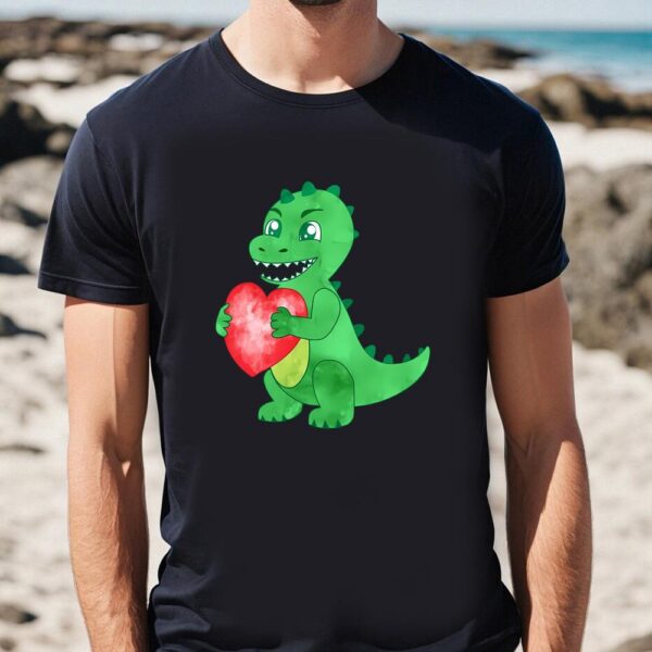 Valentines Womens Shirts, Watercolor Green Dinosaur Hold Heart Valentine T-Shirt