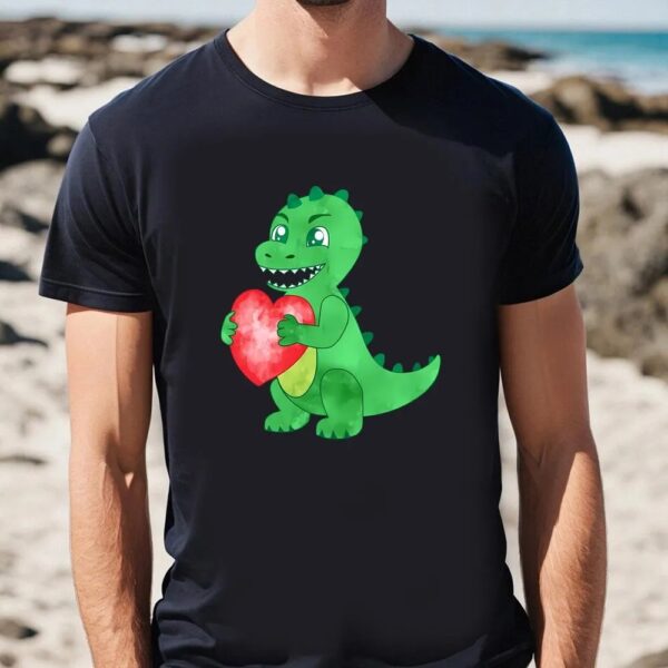 Valentines Womens Shirts, Watercolor Green Dinosaur Hold Heart Valentine T-Shirt