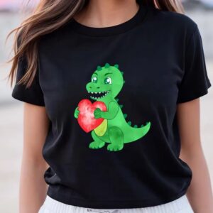 Valentines Womens Shirts Watercolor Green Dinosaur Hold Heart Valentine T Shirt 3