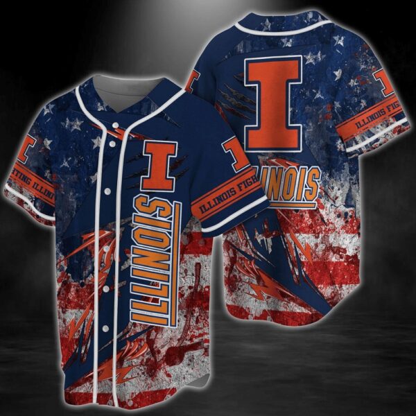 NCAA Illinois Fighting Illini Baseball Jersey Shirt US Flag