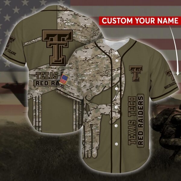 Personalized NCAA Texas Tech Red Raiders Baseball Jersey Shirt Camo Skull