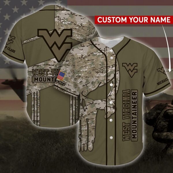 Personalized NCAA West Virginia Mountaineers Baseball Jersey Shirt Camo Skull