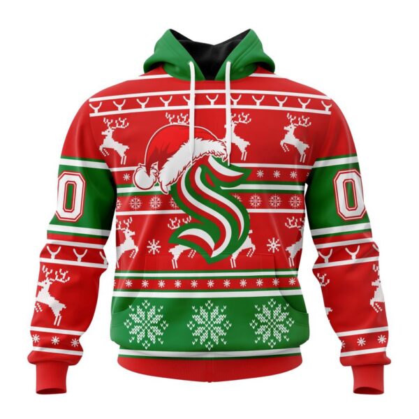 Custom NHL Seattle Kraken Specialized Unisex Christmas Is Coming Santa Claus All Over Print Hoodie