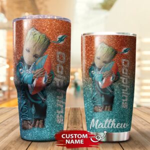 Custom Name NFL Miami Dolphins Baby Groot Tumbler Cup