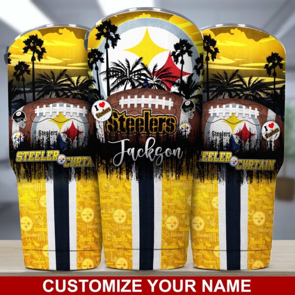 Custom Name Pittsburgh Steelers NFL Tumbler Tropical Style For Sports Fans