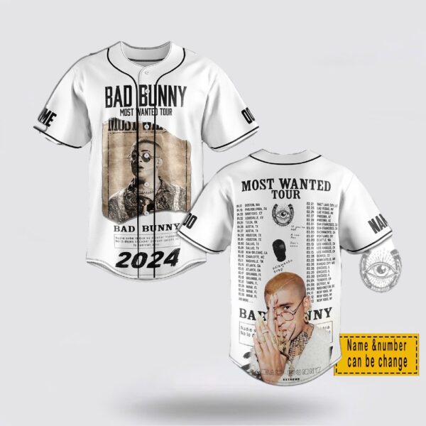 Custom Name And Number B-ad Bunny Most Wanted Tour Baseball Jersey Shirt