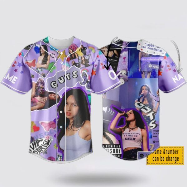 Custom Name And Number Olivia Rodrigo Guts Collage Purple Baseball Jersey Shirt