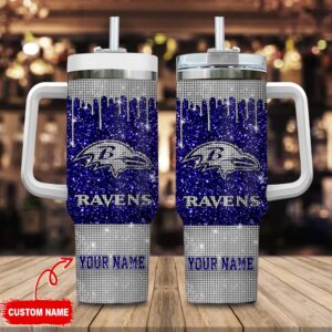 Custom Name Baltimore Ravens NFL Glitter and Diamonds Bling 40oz Stainless Steel Tumbler With Handle