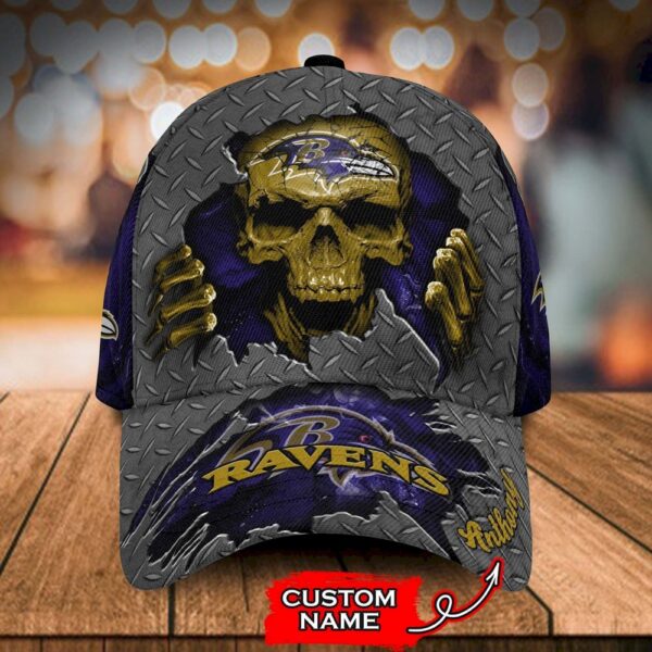 Custom Name Baltimore Ravens NFL Skull Hand Baseball Cap