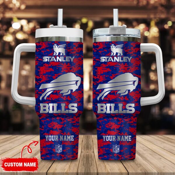 Custom Name Buffalo Bills NFL Camouflage Silver Logo 40oz Stainless Steel Tumbler With Handle