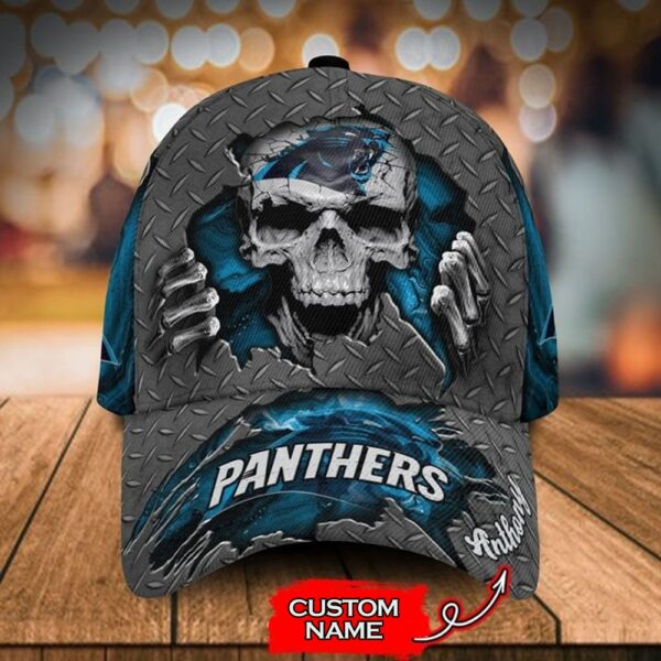 Custom Name Carolina Panthers NFL Skull Hand Baseball Cap