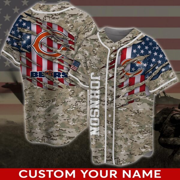 Custom Name Chicago Bears NFL Camo US Flag Baseball Jersey Shirt