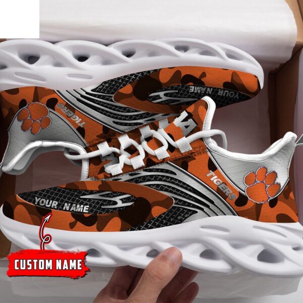 Custom Name Clemson Tigers Orange And Silver NCAA Name Max Soul Shoes