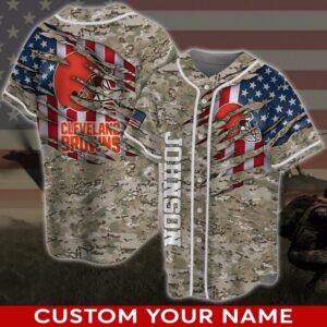 Custom Name Cleveland Browns NFL America Flag Camo Baseball Jersey Shirt