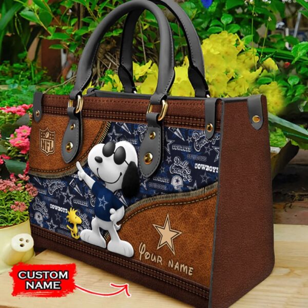 Custom Name Dallas Cowboys Snoopy Dog Leather Hand Bag