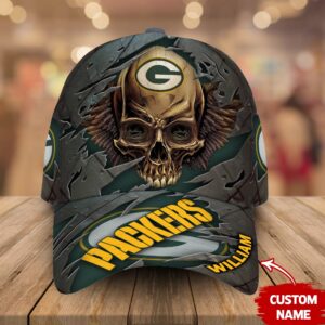 Custom Name Green Bay Packers NFL Skull Baseball Cap 1