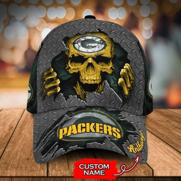 Custom Name Green Bay Packers NFL Skull Hand Baseball Cap