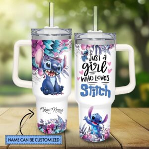 Custom Name Just A Girl Who Love Stitch Cartoon Tumbler 40oz With Handle