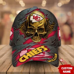 Custom Name Kansas City Chiefs NFL Skull Baseball Cap 1