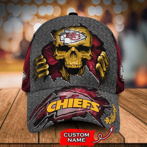 Custom Name Kansas City Chiefs NFL Skull Hand Baseball Cap