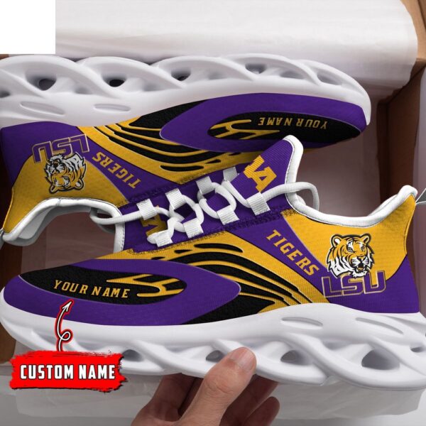 Custom Name LSU Tigers Yellow And Purple NCAA Name Max Soul Shoes