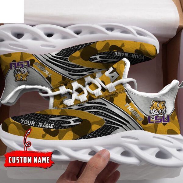 Custom Name LSU Tigers Yellow And Silver NCAA Name Max Soul Shoes