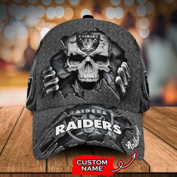 Custom Name Las Vegas Raiders NFL Skull Hand Baseball Cap