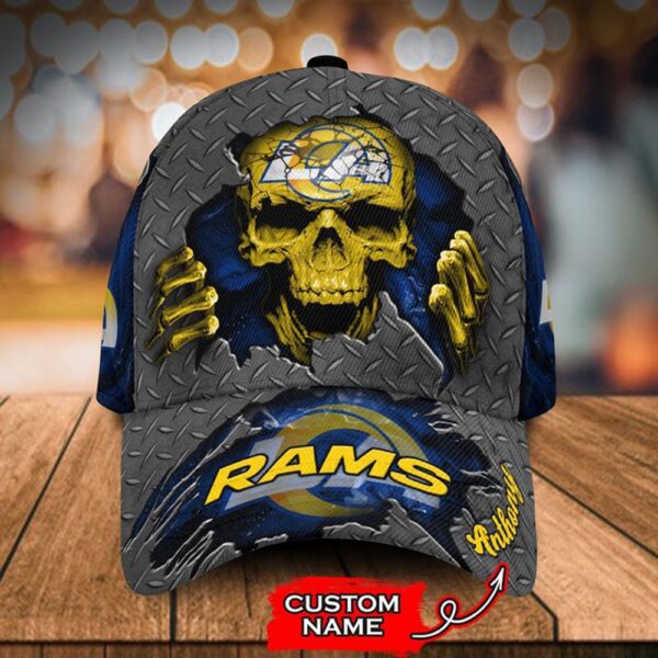 Custom Name Los Angeles Rams NFL Skull Hand Baseball Cap