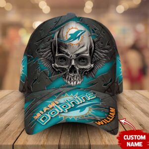 Custom Name Miami Dolphins NFL Skull Baseball Cap 1