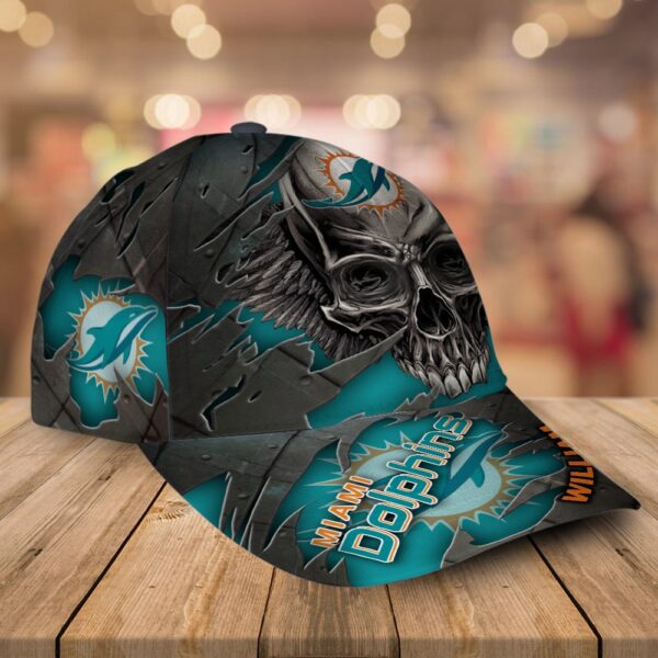 Custom Name Miami Dolphins NFL Skull Baseball Cap