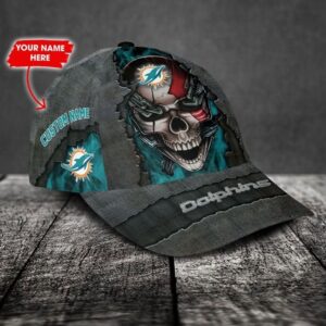 Custom Name Miami Dolphins NFL Skull Chain Baseball Classic Cap 2