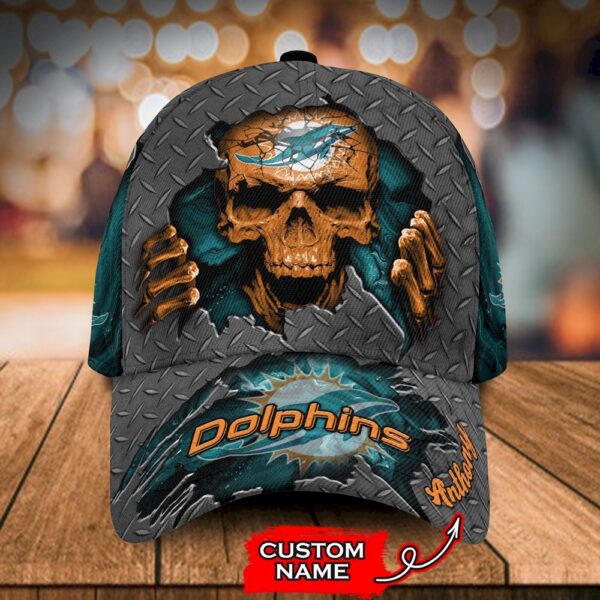 Custom Name Miami Dolphins NFL Skull Hand Baseball Cap